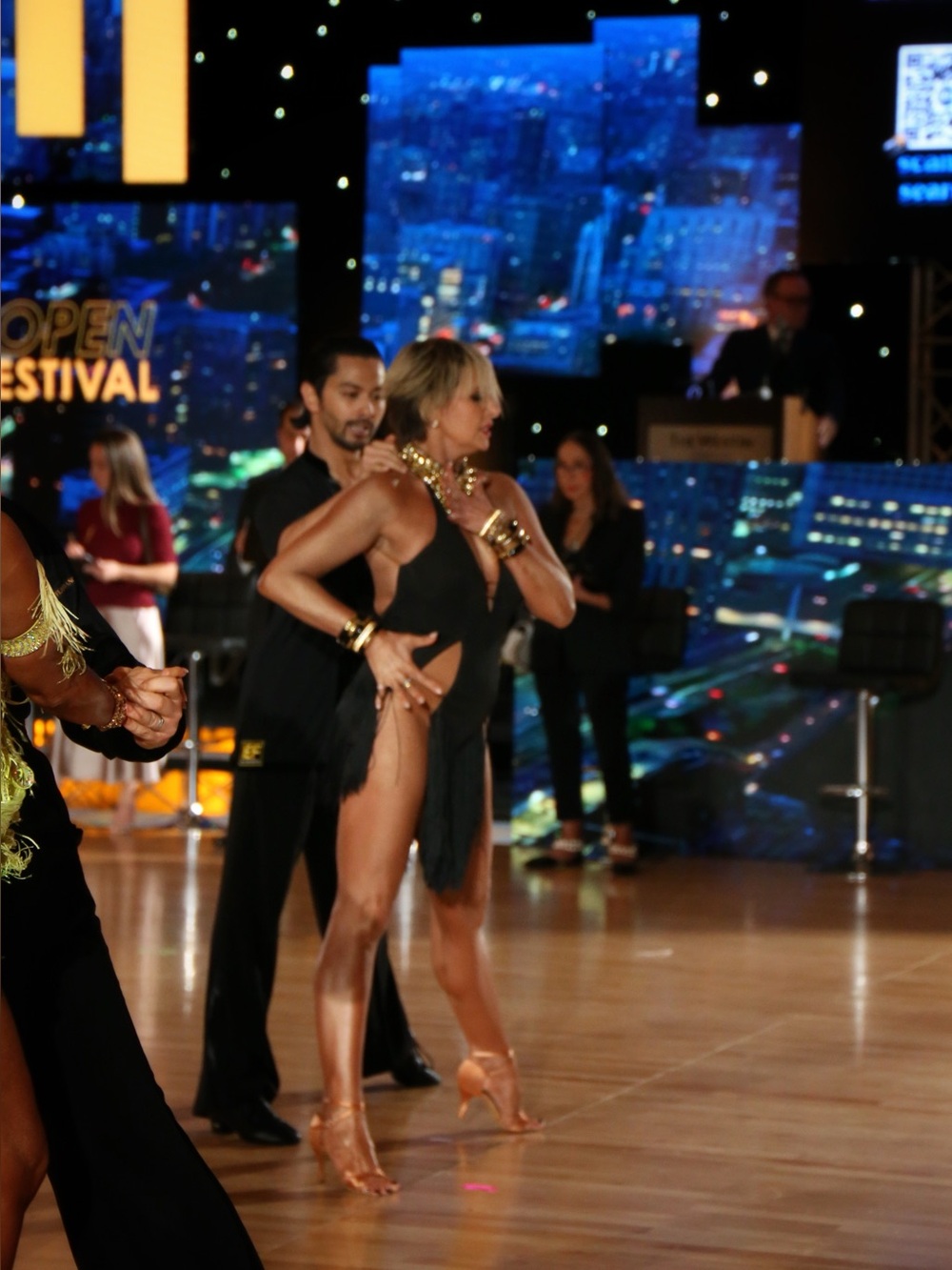 Black Fringe Latin Competition Dress with Gold Neckline